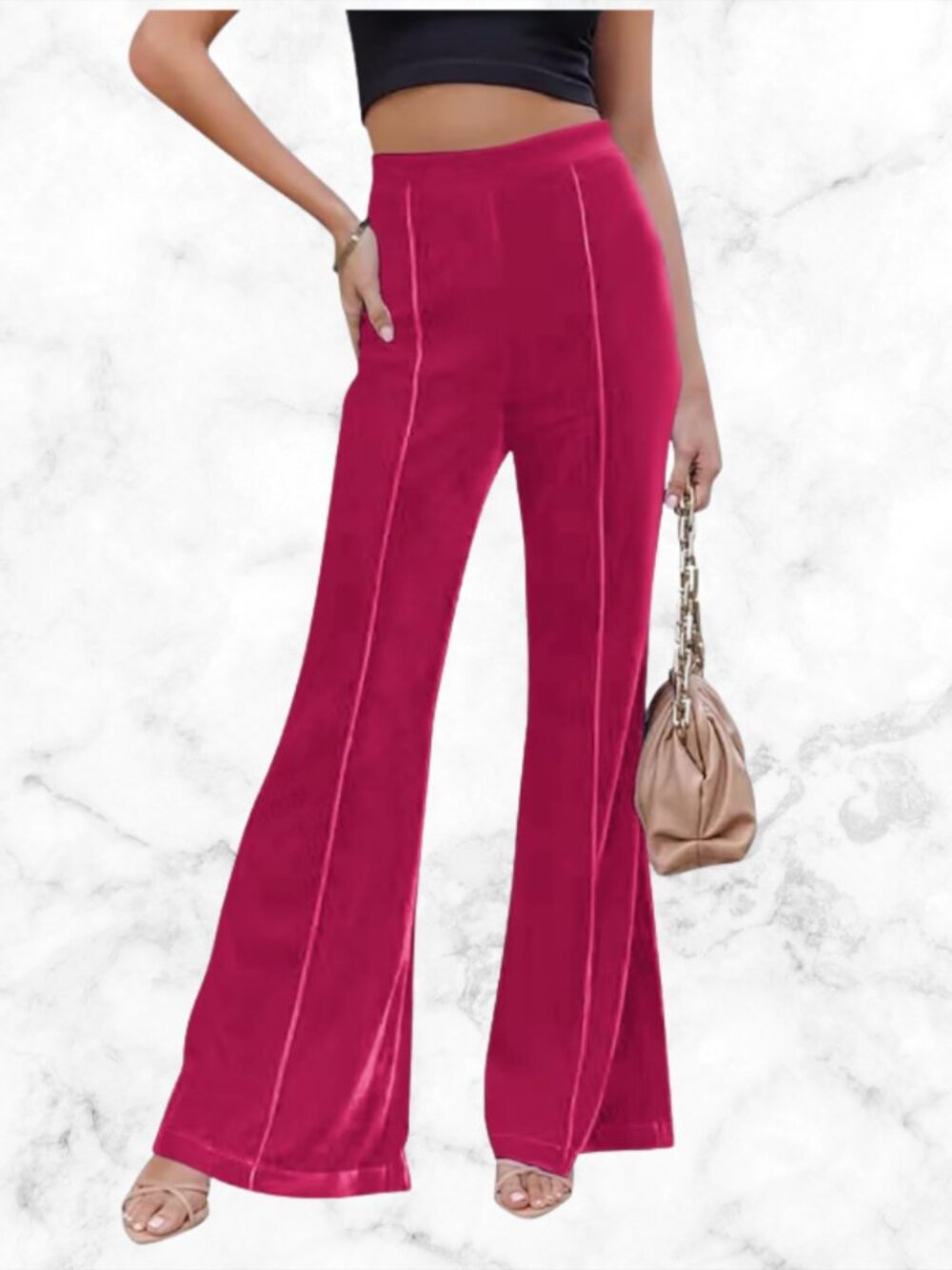 Rose Red Velvet Velour Flare Pants High Rise Elastic Waist Wide Leg
